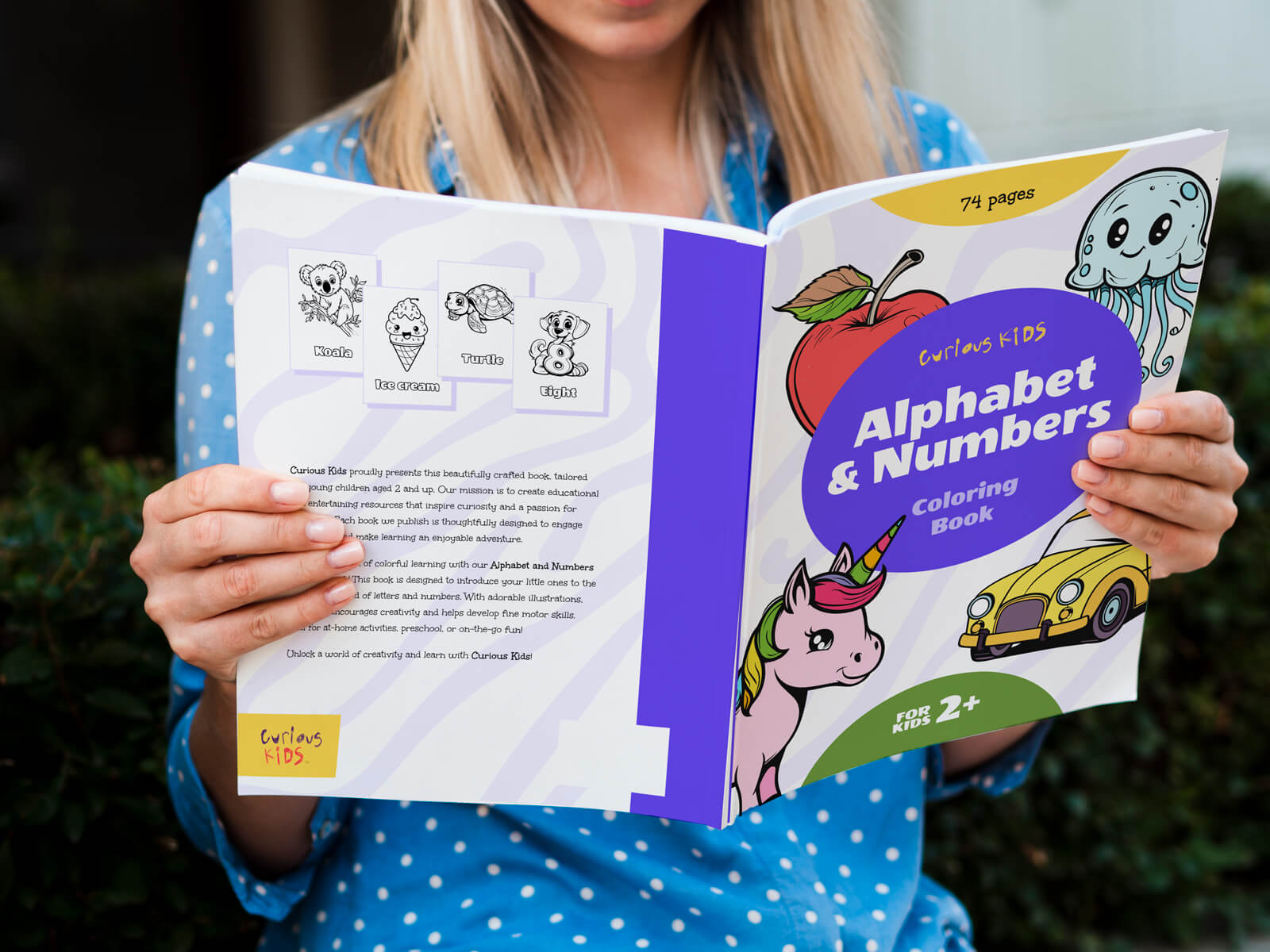 A woman reading a colorful children’s ‘Alphabet & Numbers Coloring Book’ by Curious Kids