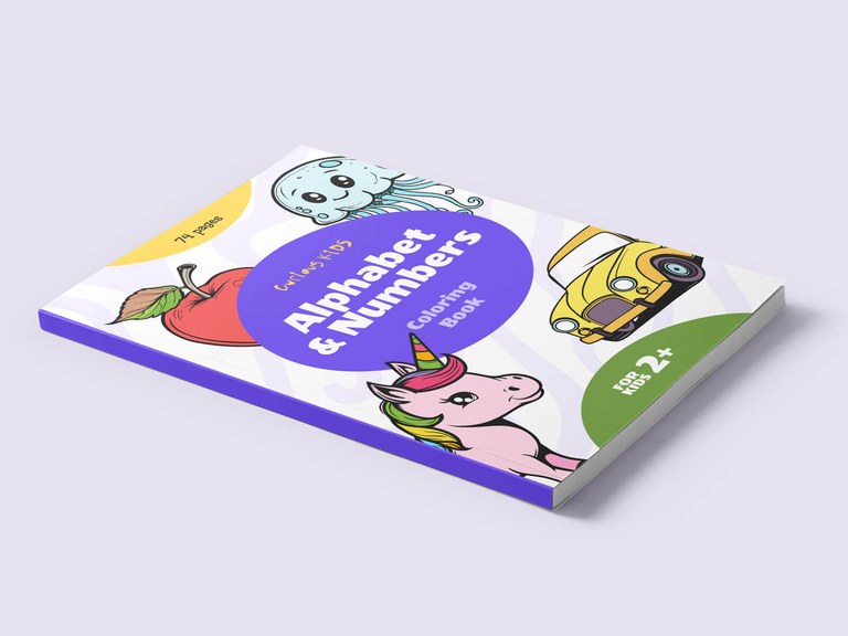 The cover of a children’s ‘Alphabet & Numbers Coloring Book’ by Curious Kids, featuring colorful illustrations of an apple, jellyfish, unicorn, and yellow car. The book has 74 pages and is designed for kids aged 2 and up.